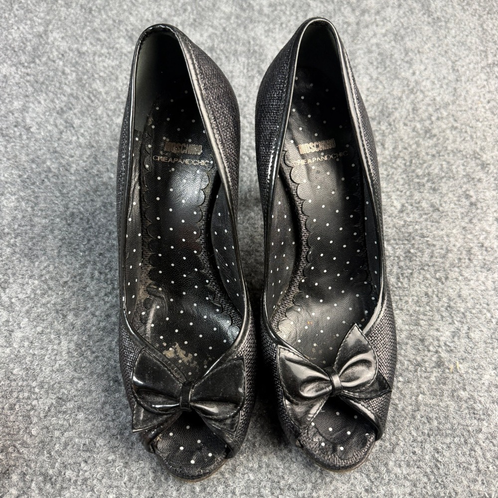 Moschino Cheap and Chic Black Textured Peep Toe Bow Pumps Polka Dot 37.5